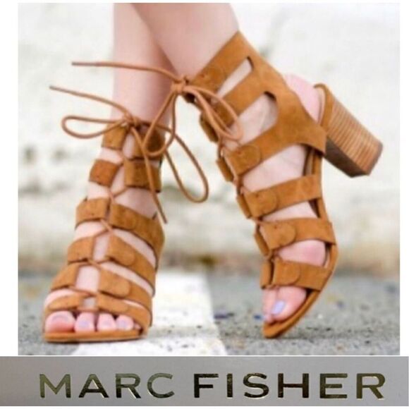 Marc Fisher Suede Lace-up Block Heel Sandals: Paradox Cognac Size 6 - Picture 2 of 11